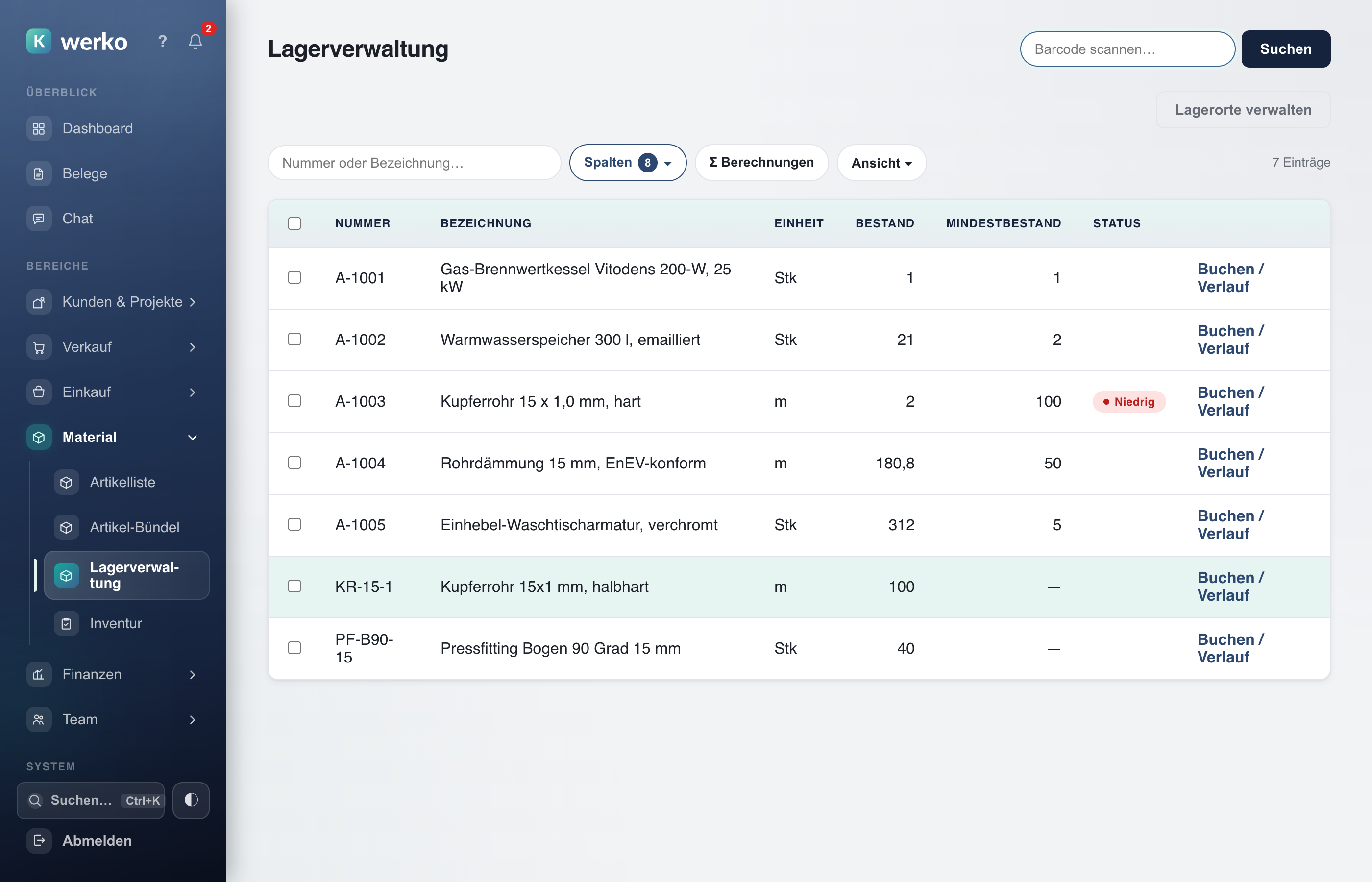 Lagerverwaltung mit Artikelnummer, Bestand, Mindestbestand und Status
