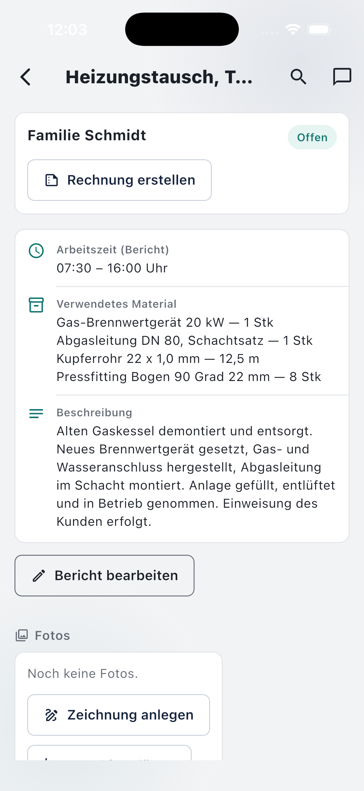 Tagesbericht in der App Kwerko Baustelle mit Arbeitszeit, verwendetem Material und Beschreibung