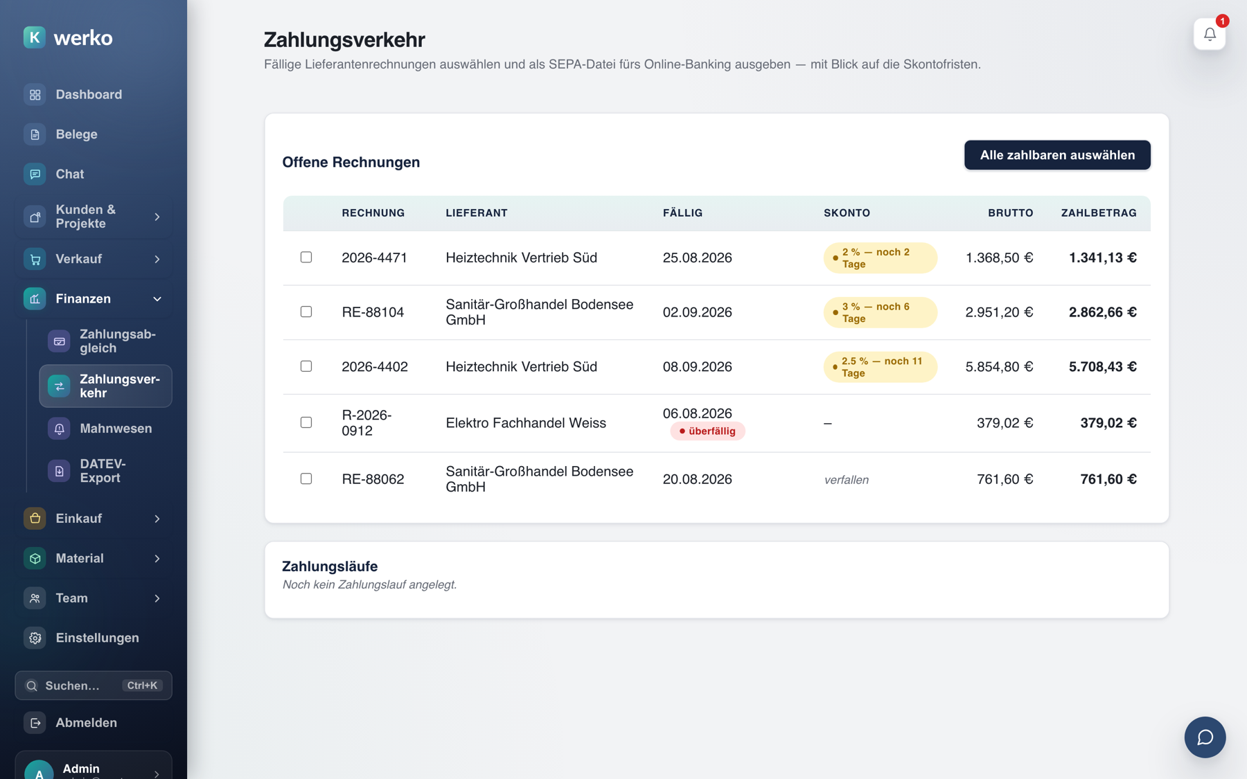 Zahlungsverkehr: offene Lieferantenrechnungen mit Skontofrist, Brutto- und Zahlbetrag